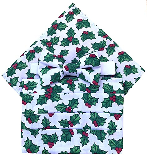 Festlicher Weihnachtskummerbund für Herren, 100 % Baumwolle, inklusive Fliege und Einstecktuch, Weiße Stechpalme, Einheitsgröße