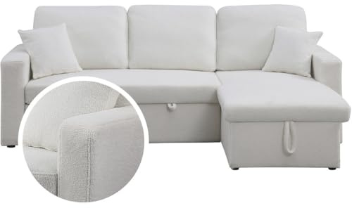 Habitat et Jardin Sofá rinconera Convertible/Reversible con Box Alain- 3 plazas - Bouclettes - Blanco