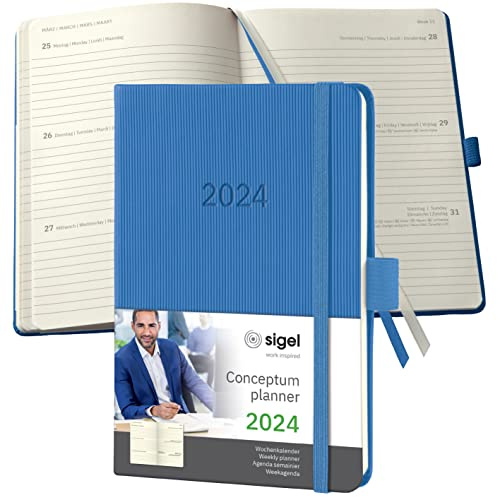 SIGEL C2469 Terminplaner Wochenkalender 2024, ca. A6, blau, Hardcover, 176 Seiten, Gummiband, Stiftschlaufe, Archivtasche, PEFC-zertifiziert, Conceptum