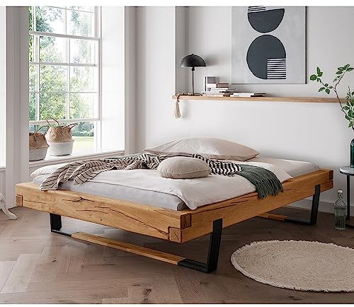 Lomadox Massivholz Doppelbett, 180x200 cm, Eiche massiv, ohne Kopfteil, Schwarze Metallkufen mit Massivholzeinsatz, B/H/T ca. 198/42/228 cm