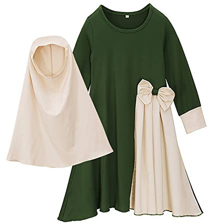 OBEEII Mädchen Gebetskleidung Kinder Muslimisches Islamische Abaya Langarmkleid mit Hijab 2 Stück Outfits Muslim Dubai Ramadan Corban Traditionelle Bekleidungssets Grün C 9-10 Jahre