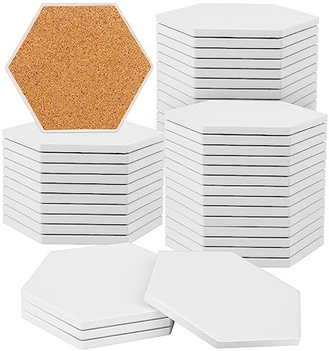 50 Pieces 3.75 Inch Hexagon Blank Ceramic Coasters, Unglazed Ceramic Tiles Coasters, Ceramic Tiles with Cork Backing Pads for Painting, DIY Crafts, Mosaics, White.by GNIEMCKIN