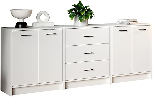 Meble Pitus Kommode Weiß 210 cm Sideboard Wohnzimmer Set 3-teilig mit Schubladen Kommode mit Schubladen Sideboard Weiss Schlafzimmer Kommode Flurschrank Möbel Kleiderschrank Weiss