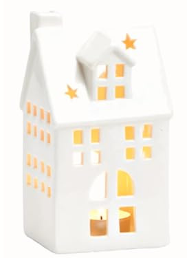 Lichthaus Windlicht - Haus mit Schornstein - Schattenspiel - Teelichthalter aus Porzellan 14 cm - Weiss (Model 1 - Weiss)