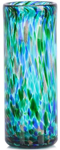 Blaugrüne Vase, 24 cm hoch, mundgeblasene Glasvase, moderne Tischdekoration für Zuhause, breite Öffnung für Knospen und Blumen, ideal für Wohnzimmer