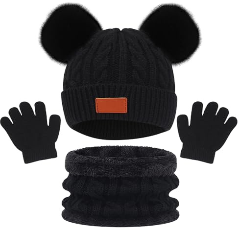 HIULLEN 3 in 1 Conjunto de Gorro Bufanda y Guantes Niños, Térmico Niñas Beanie Gorro Bufanda Guantes Set, Set Beanie Gorro Invierno Niños Sombrero de Punto con Pompon para Niños Niñas 1-5 Años
