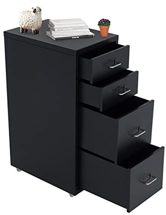 BTGGG Mobile File Cabinet with 4 Drawers, Heavy Duty Metal Document Storage Cupboard Large Filling Pedestal Cabinet Drawer with Castors for Home Office Furniture, Black