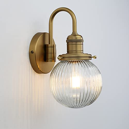 Glas Wandleuchte Innen Wandlampe für Küche Bad Flur Schlafzimmer Wohnzimmer | Vintage Wandleuchte E27 Modern Innen Lampe mit Handgeblasense klarglas und Gold Messing geschwungene Arm Halterung Metall