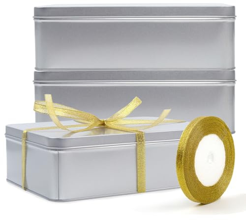 Coobbar Empty Metal Tins Box with Lid,3 Pack Stainless steel Tins Cans Storage Container for Treats, Gifts, Candle, Favors and Crafts, Silver (8.6 x 6.3 x 2.5 Inches)