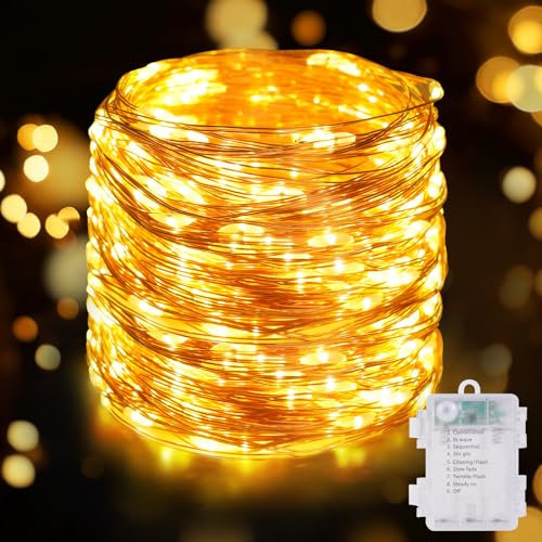 HOTUT Alambre Cobre 8 Modo Guirnalda, LED Pilas Impermeable 10M 100 LED Cadena Luces, Blanco Cálido Interiores o Exteriores, para Decoración Dormitorios, Jardines, Fiestas, Navidad, Bodas