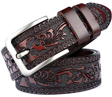CaySep Herren-Gürtel aus echtem Leder, Western-Blumen-Gravur, geprägt, quadratische Schnalle, lässiger Gürtel für die tägliche Dekoration, coffee, 110cm/For Waist 84cm-92cm