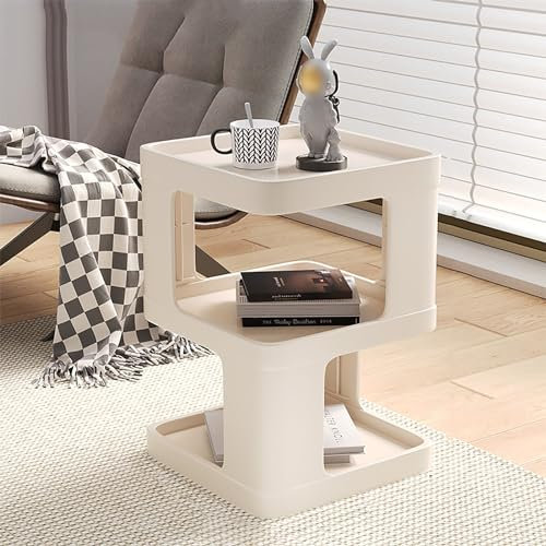Nachttisch mit 3 Ebenen, Schmaler Sofa-beistelltisch mit Ablagefach, Nachttisch Aus Kunststoff, Kleines Bücherregal für Schlafzimmer, Wohnzimmer, Büro, Badezimmer(35x35x47cm(14x14x18inch), Beige)