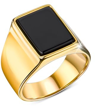 DJADEE Dezent Ring Goldring Herren Edelstahl 18 Karat 750er Gold Vergoldung Onyx Stein schwarz Premiumqualität Geschenk für Männer wasserfest vergoldet