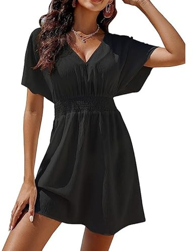 Satohom Mujer Pliegues Vestido Midi Cuello de Pico Monocolor Mangas Cortas con Volantes Gasa con Cinturón Elástica Línea A Acampanado Vestido Informal hasta la Rodilla Suelto Verano Playa