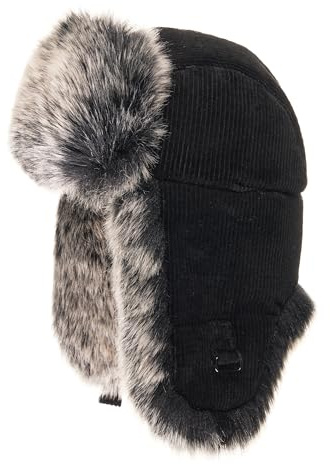Futrzane Trappermütze aus Cord - Ushanka Herren - Fell Mütze mit Ohrenklappen (L, Schwarz - Grau Siberian)