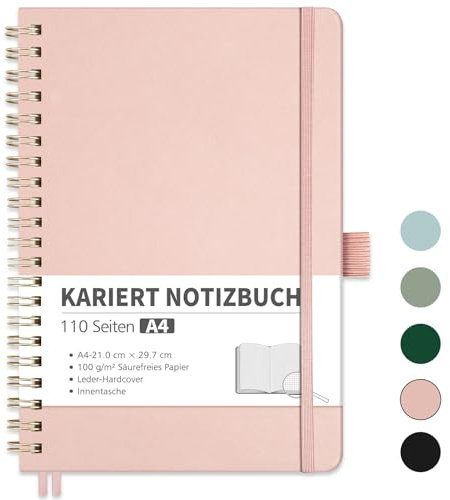 RETTACY Notizbuch A4 kariert, Bullet Journal mit 100 g/m² Dickem Papier, 55 Blatt, Collegeblock für Büro und Schule, Lederhülle, Roségold,21 cm x 29.7 cm