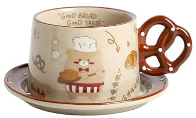 Taza de café de estilo retro de 300 ml y plato, bonito juego de té coreano de la tarde, plato de taza de café con oso de pan