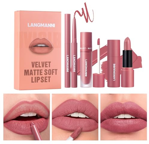 3Pcs Rouge à lèvres mat+ Rouge à Lèvres Liquide mat + Set de Liner à Lèvres, Pigment Velouté Nude Brillant à lèvres anti-adhérent, imperméable et longue durée Set de maquillage (#04, Paquet de 1)
