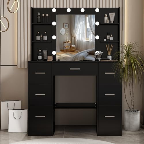 LIANWANG Large Dressing Table with Mirror and Lights, Makeup Table Vanity Set 3 Color Modes, 7 Drawers and 6 Cabinets, Girls Vanity Set Black 55inches