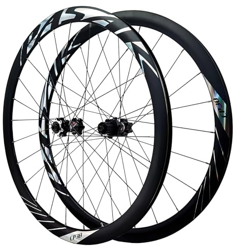 HZXQCVB Juego De Ruedas De Carretera 700C Ruedas De Bicicleta con Eje Pasante Freno De Disco Llantas De Aleación De Aluminio De Doble Capa Bujes 24H para 8-12 Velocidades(Black)