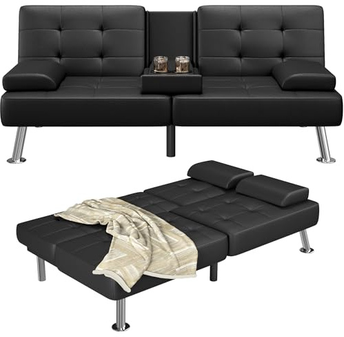 Furmax Futon Sofa Bed Adjustable Futon Couch Sleeper Sofa Bed for Living Room, Business Office, Recliner Sofas with Cup Holders (PU Leather, Black)