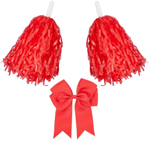 CREATCABIN Cheerleading Pompons Große Cheerleader Haarschleife Metallischen Folienpompons Anfeuern Für Sportveranstaltungen Cheerleading Team Tanzen Rooters Zubehör Team Fußball Baseball Softball Rot