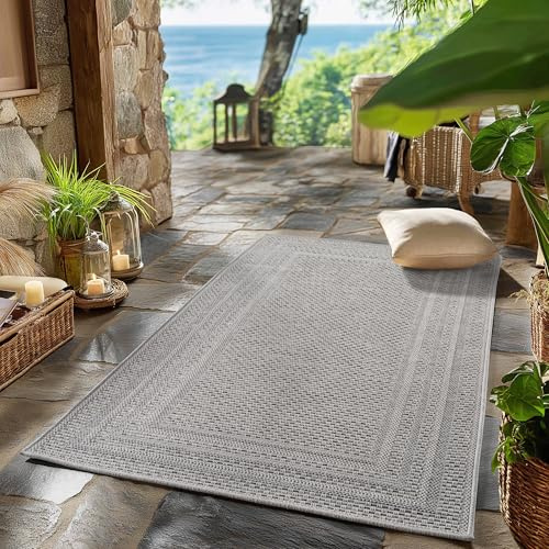 SIMPEX Outdoor Teppich Grau 80x250 cm Läufer Wetterfest UV-beständig Pflegeleicht Einfarbiges Design mit Bordüre für Küche Balkon Terrasse Wohnzimmer