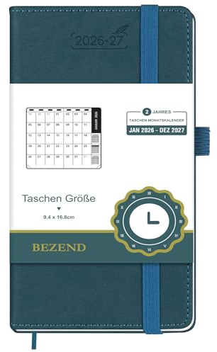 BEZEND Taschenkalender 2026 2027 Monatskalender 1 Monat 2 Seiten ca. A6 | 16,8 x 9,4 cm, 24-Monate Buchkalender Monatsansicht (Jan 26 - Dez 27), 100 GSM Papier, PU-Leder Hardcover, Dunkelgrün