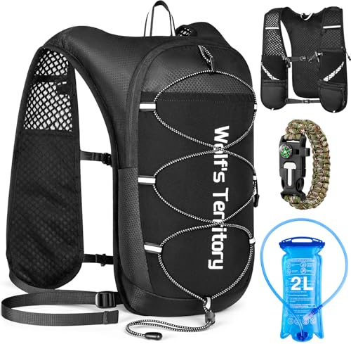 Witnewrage Laufweste Herren & Damen - Ultraleicht, Atmungsaktiv & Anpassbar, Trinkrucksack Laufen mit Reflex-Strichen, 2L-Trinkflasche & Sportarmband für sicheren Laufsport S/M (Schwarz)