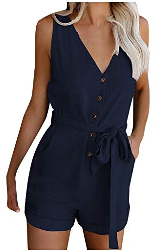 Generico Salopette Donna Estiva Corta,Tutina Donna Elegante Scollo A V Senza Maniche Larghi Jumpsuit Bottoni Cintura A Papillon Tinta Unita Gamba Larga Tuta Intera con Tasche