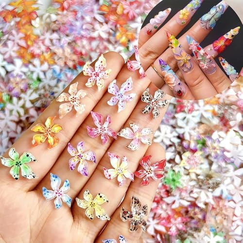 Velvoria 60 Pieces Flower Nail Art Charms, 3D Hawaiian Flowers, Nail Rhinestones, Hibiscus Flowers, Nail Gems, Colourful Flower Nail Diamonds, Tiny Flowers, Nail Design