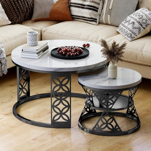 okwish Couchtisch rund 2er Set mit Stauraum - Moderner Beistelltisch für Wohnzimmer/Balkon/Büro - Weiße MDF-Tischplatte & Schwarzes Metallgestell