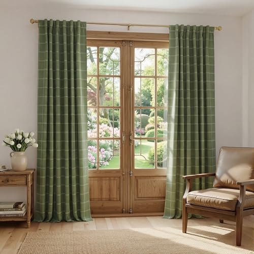 NICETOWN Buffalo Check Plaid 100% Blackout Curtains 84 Inches Long for Bedroom, Living Room Thermal Insulated Room Darkening Rod Pocket Back Tab Drapes, Olive Green, 52 W x 84 L, 2 Panels