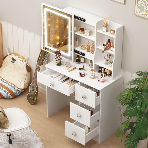 Vescence Schminktisch mit Spiegel und LED-Leuchten, 4 Schubladen, 3 Lichtfarben, Frisiertisch mit Spiegel, Moderner Stil, Weiß 80 cm Breit Makeup Table Vanity Desk Schmink Tisch Klein, Kristallgriff