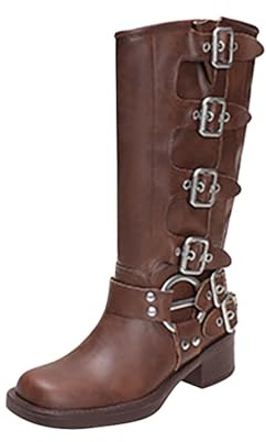 Botas de motociclista con hebilla para mujer, botas punk para mujer, botas de tacón bajo con punta cuadrada, botas góticas de pierna ancha, botines gruesos a media pantorrilla, botines góticos retro