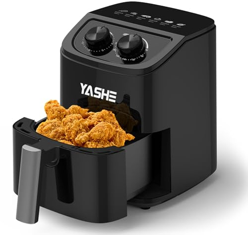 YASHE Heißluftfritteuse 2,3L für 1–2 Personen, Kompakter Airfryer mit 6 Menüoptionen, Drehknopf für Temperatur & Timer, 3D-Heißluftzirkulation, Antihaftkorb, Spülmaschinenfest, Fettarm