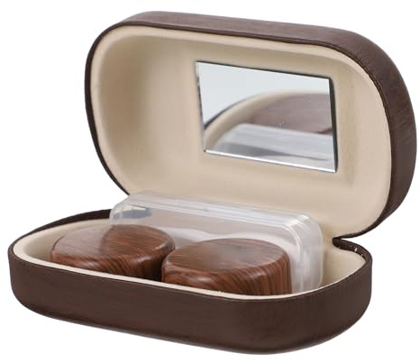 Beatifufu Leak-Proof Brown Eye Lens Case with Leather Lining and Plastic Body, Lightweight Travel Contact Lens Holder with Clip and Suction Stick for Easy Carry and Safe Storage