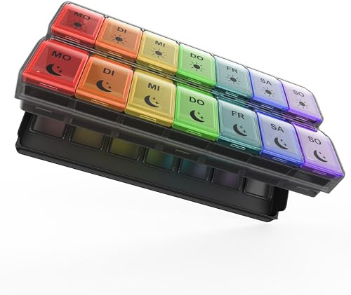 Fullicon Tablettenbox 7 Tage, 2x Täglich, Schwarzer Regenbogen | Fach für 7 Fischöle, 13 Kapseln oder 14 Kalziumtabletten, Robuste Scharniere, Einfach zu Befüllen, Keine Verwechslungen