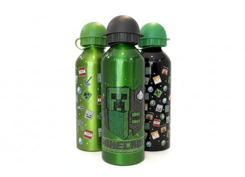 Minecraft Aluminium Water Bottle Set – Pack of 3 Assorted Designs, 500ml Leak-Proof Screw Cap, BPA-Free, Lightweight & Durable for Kids, School, Sports, Travel, Green