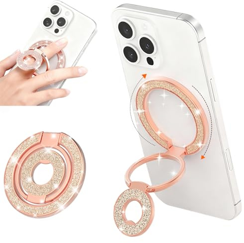 Ysnzaq Bling Glitzer Doppelseitiger Magnetischer Ringhalter 11D Rosa | Handy Ringhalter 360°, Handy Ring Magnetisch, Kompatibel Mit iPhone 17/16/15/14/13, Ultra Dünn, Finger-Halter, Ständer