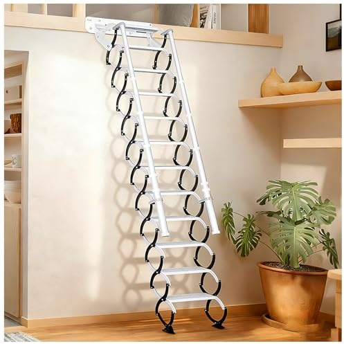 11 Stufen Wandmontierte Dachbodenleiter, Einziehbare mit 2 Handlauf Ausziehbare Klappleiter, Robustem Faltsystem, für Wohnzimmer, Büro, Schlafzimmer, Garage & Balkon (2.7-2.8m/8.8-9.1ft)