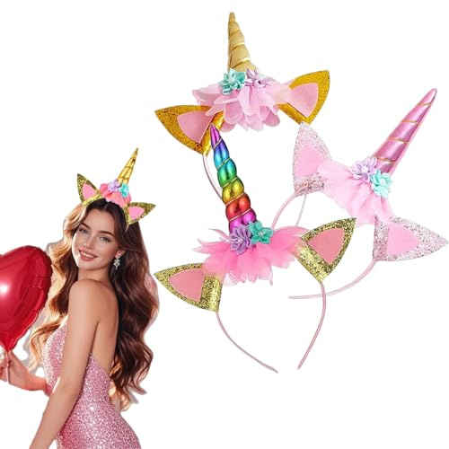 Jiounie Einhorn Stirnband, 3 Stück Einhorn Haarreif, Einhorn Stirnband Horn Haarreif, Unicorn Horn Stirnband mit Ohren und Blumen, für Ostern Geburtstag Party Karneval (Gold, Rosa, Farben)
