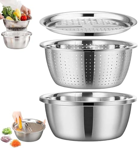 Germany-Designed 5-in-1 Multifunctional Stainless Steel Basin Set with Grater, Strainer, Drain Basket & Salad Maker – Premium Kitchen Mixing Bowl for Vegetables, Fruits, and Pasta (28CM)