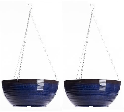 Garden Gear 35cm Glazed Effect Hanging Basket with 50cm Three Way Metal Chain 70% Recycled Plastic Stone Powder UV Frost Resistant Sage Green or Ocean Blue (Ocean Blue x2)