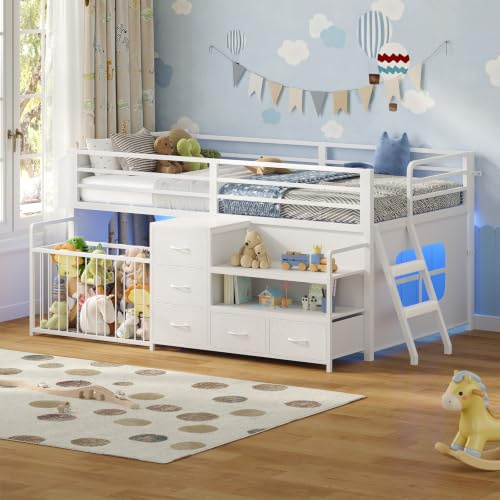 Cama Alta Infantil con Estantería Abierta & Baúl para Juguetes,Cama para Niños con 5 Cajones,Iluminación LED RGB Integrada, Barrera de Seguridad de 13 de Alto,Zona de Juegos debajo de la Cama,Blanco