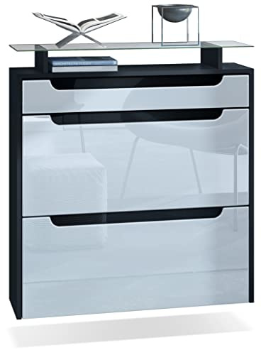 Vladon Schuhschrank Annie, Schuhkipper für 16 Paar Schuhe mit 2 Klappen, 1 Schublade und Glasablage, Schwarz matt/Weiß Hochglanz/Schwarz Hochglanz (89 x 96 x 23 cm)