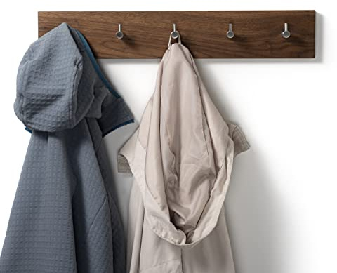 WOODS Hakenleiste Garderobe Holz massiv I Garderobenleiste Landhaus I moderne Wandgarderobe aus Holz I Handtuchhalter Bad I Garderobenpaneel Flur (40cm (3 Haken), Nussbaum, Edelstahl Haken)