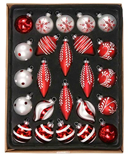 Valery Madelyn Weihnachtskugeln,24stück weihnachtskugeln Glas Weihnachtskugel mit Geschenkpaket, Weihnachtsbaumschmuck Christbaumschmuck mit Aufhänger,deko Weihnachten,Thema Rot Weiß