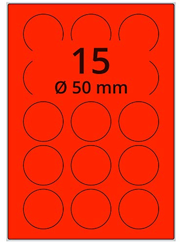 Farbige Etiketten auf A4 Bogen, neonrot - Ø 50 mm - 1.500 Papier Aufkleber auf 100 Blatt, selbstklebende Laser-Etiketten fluorisierend leuchtfarbig