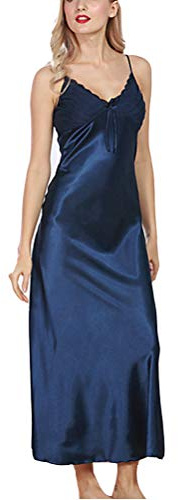 ORANDESIGNE Donna Vestito con Spalline Regolabili Abito Camicia da Notte Lingerie Sexy Scollo a V Pizzo Biancheria da Notte Lungo Pigiama Pigiami Raso Blu 44